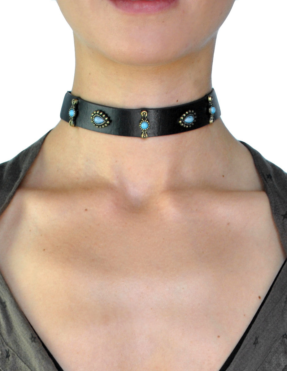 Southwest Turquoise Studded Leather Choker Necklace