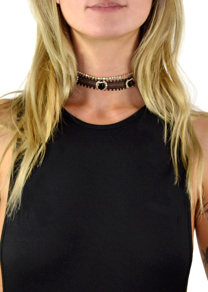 Monaco Jeweled Black Ribbon Choker