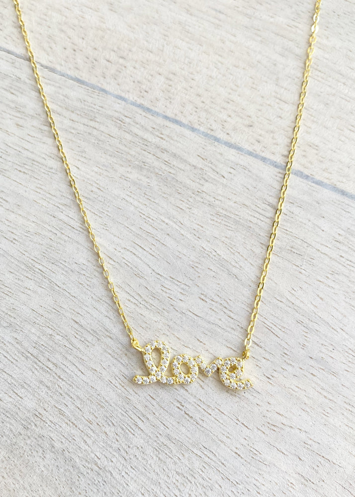 Crystal Sterling Silver Love Script Necklace - Gold