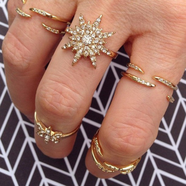 Crystal Starburst Chain Linked Knuckle Ring