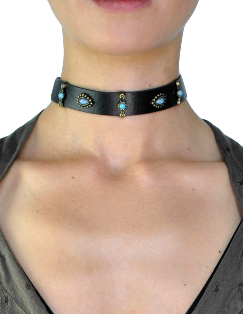 Southwest Turquoise Studded Leather Choker Necklace 