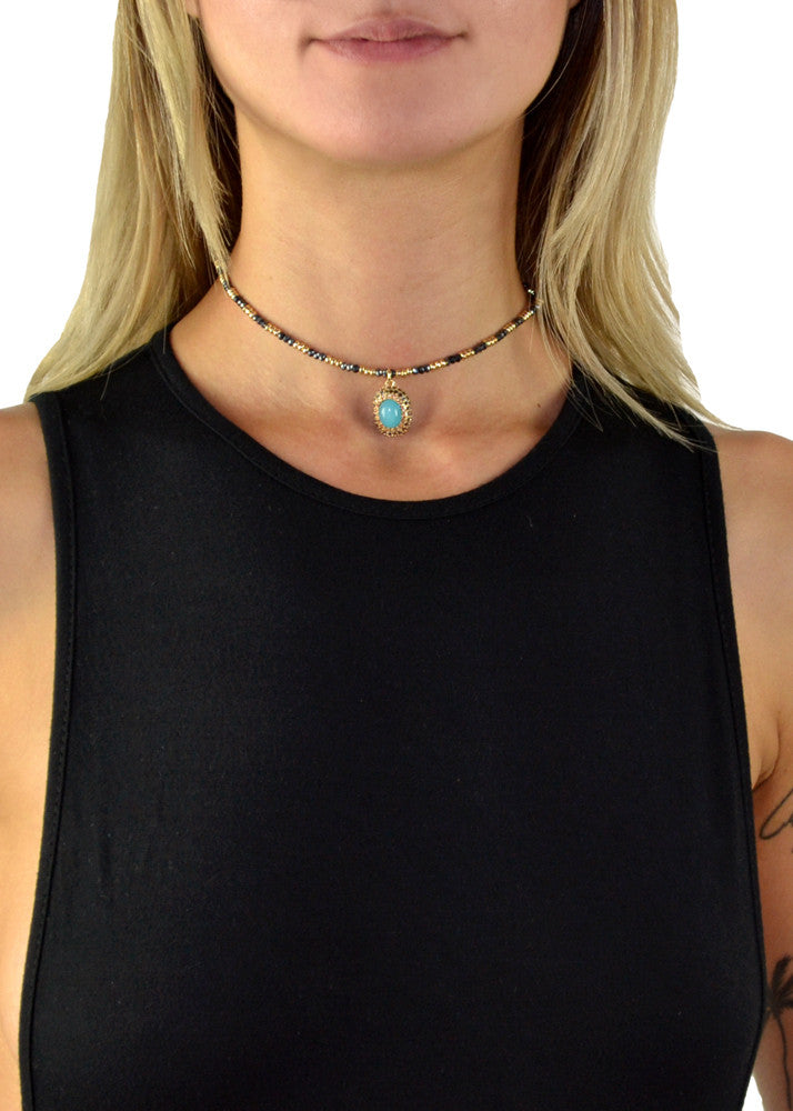 Valencia Jeweled Beaded Choker - Turquoise