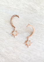 Crescent Moon Star Drop Earrings - Rose Gold
