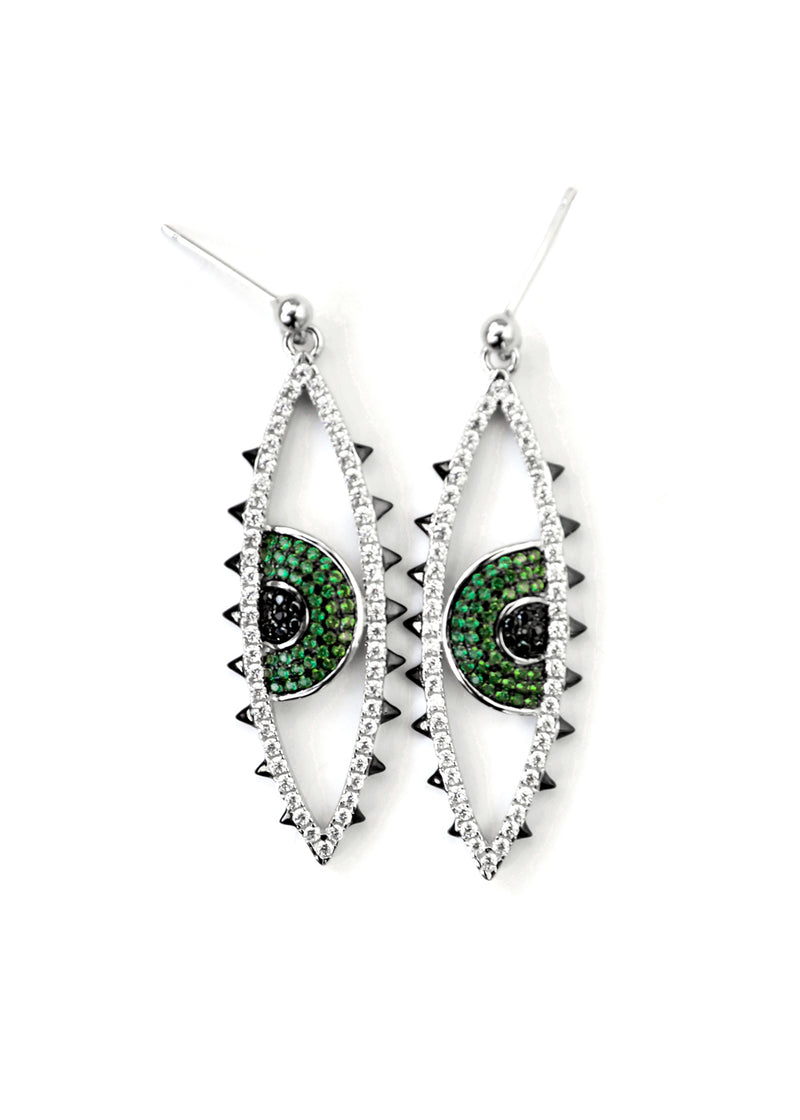 Eyes Wide Open CZ Crystal Earrings - Silver / Green