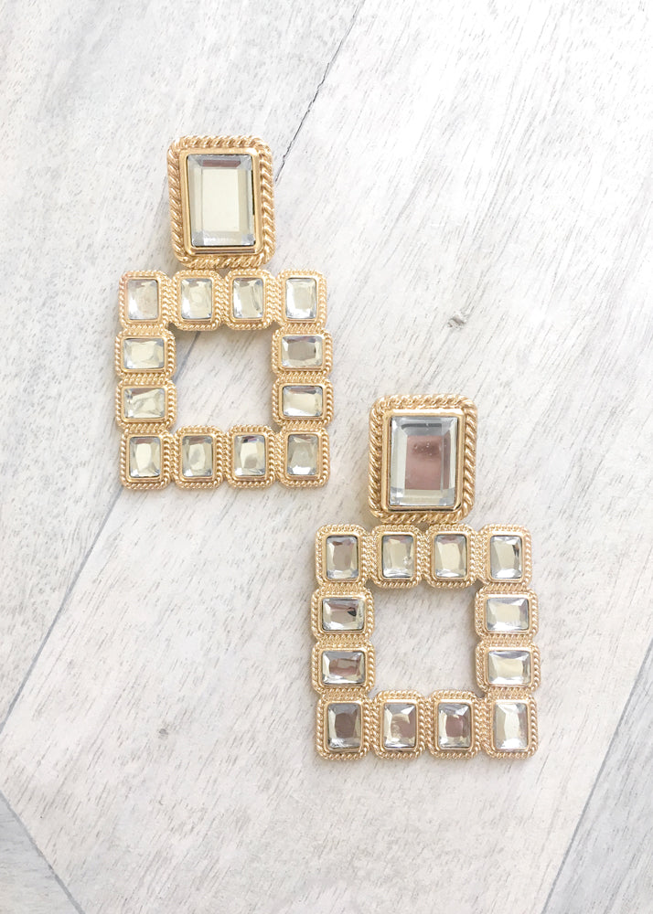 Crystal Square Drop Earrings - Gold / Clear